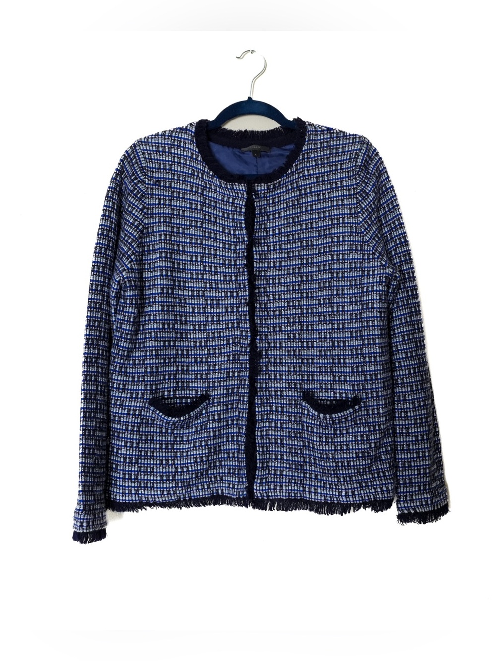 J. Crew Fringe Tweed Blue Cardigan Blazer